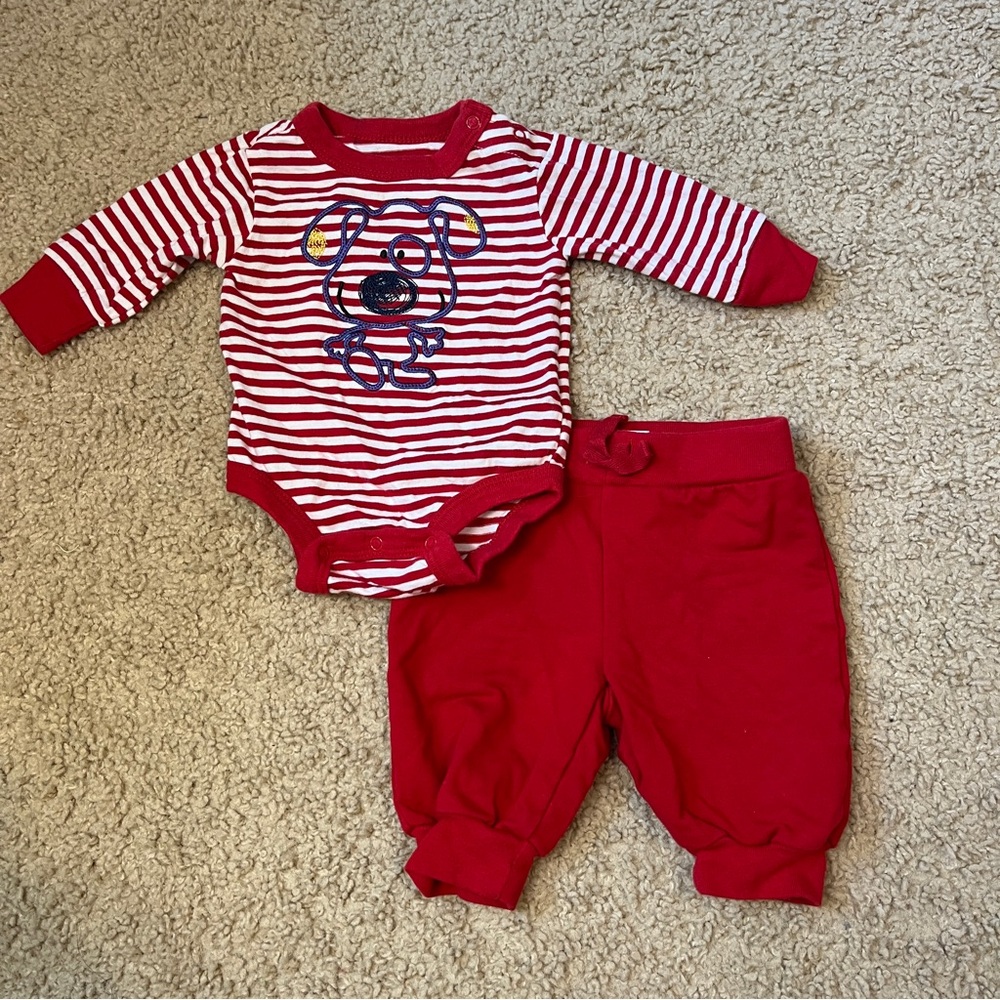 5/$35 Baby Newborn Red Striped Onesie Pants Set Puppy Dog Babies R Us NB Outfit